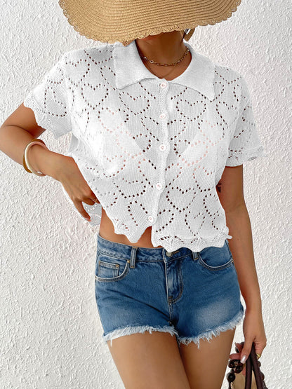 Crochet Heart Knit Button Front Cardigan Beach Cover Up