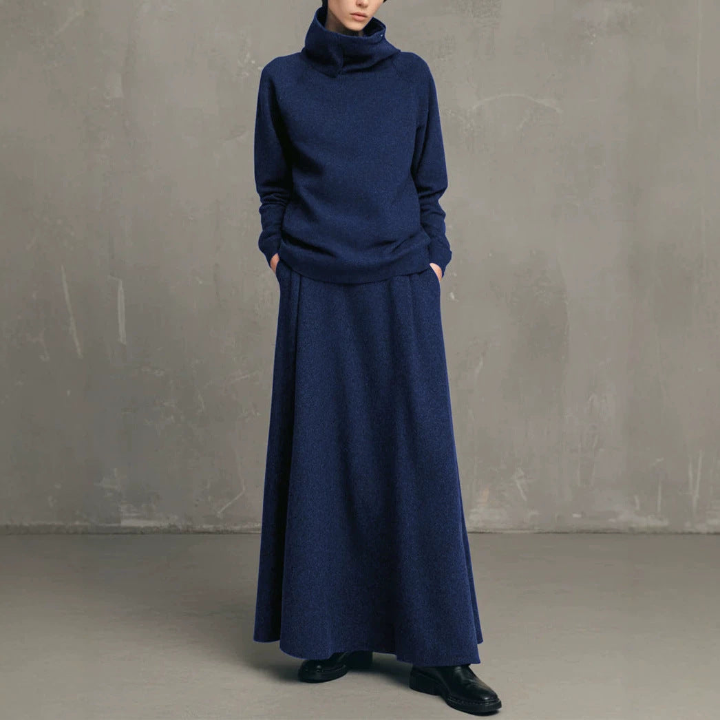 Womens Fleece Turtleneck Sweatshirt Maxi Skirt Set