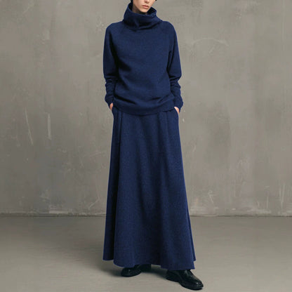 Womens Fleece Turtleneck Sweatshirt Maxi Skirt Set