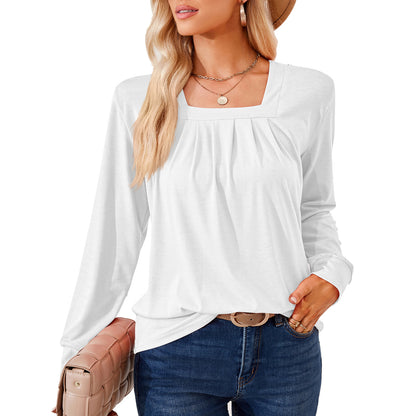 Women's Square Neck Pleated Long Sleeve Loose Casual Top