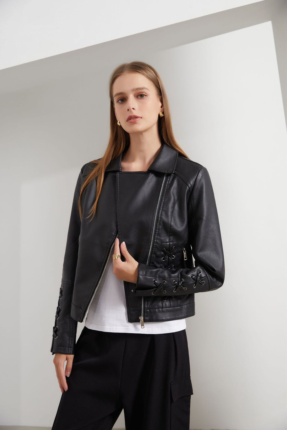Women's Faux Leather Lace Up Moto Jacket Zip Up Biker