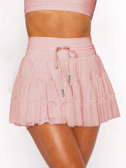 Solid Pleated Skort High Waist Ruffle Tiered Mini