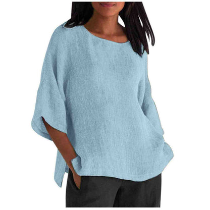 Women's Linen Top Oversized 3/4 Sleeve Round Neck 25 Colors