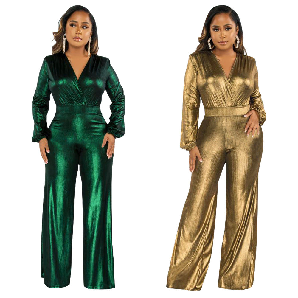 Sexy Metallic V-Neck Long Sleeve Flare Jumpsuit
