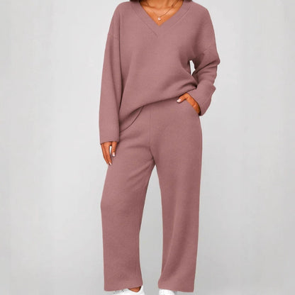 Women's V Neck Knit Two Piece Lounge Set Wide Leg Pants