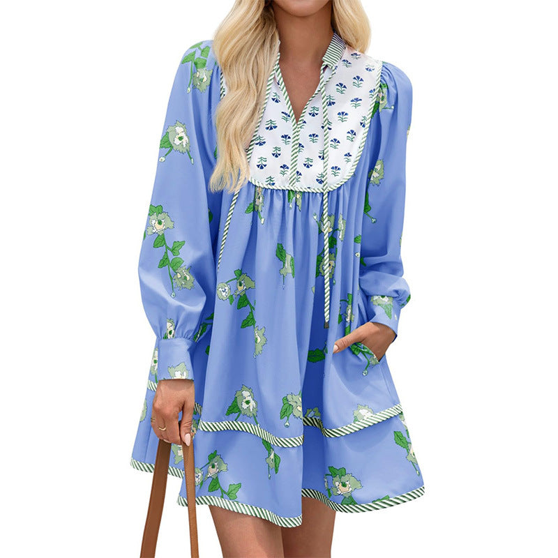 Boho Floral V-Neck Long Sleeve Flowy Mini Dress