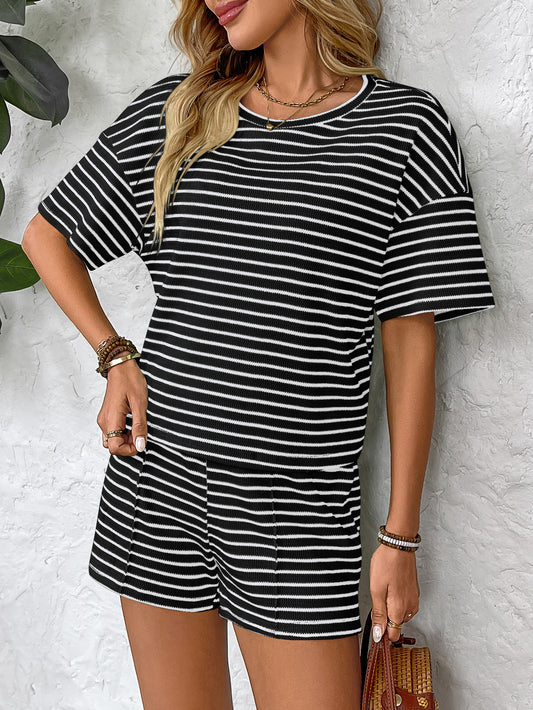 Womens Black Striped Knit Lounge Set Tee and Shorts