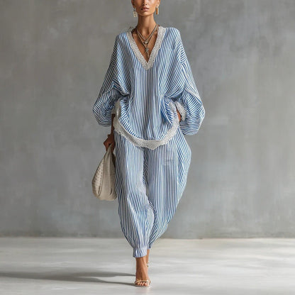 Blue Striped Lace Trim Puff Sleeve Matching Set