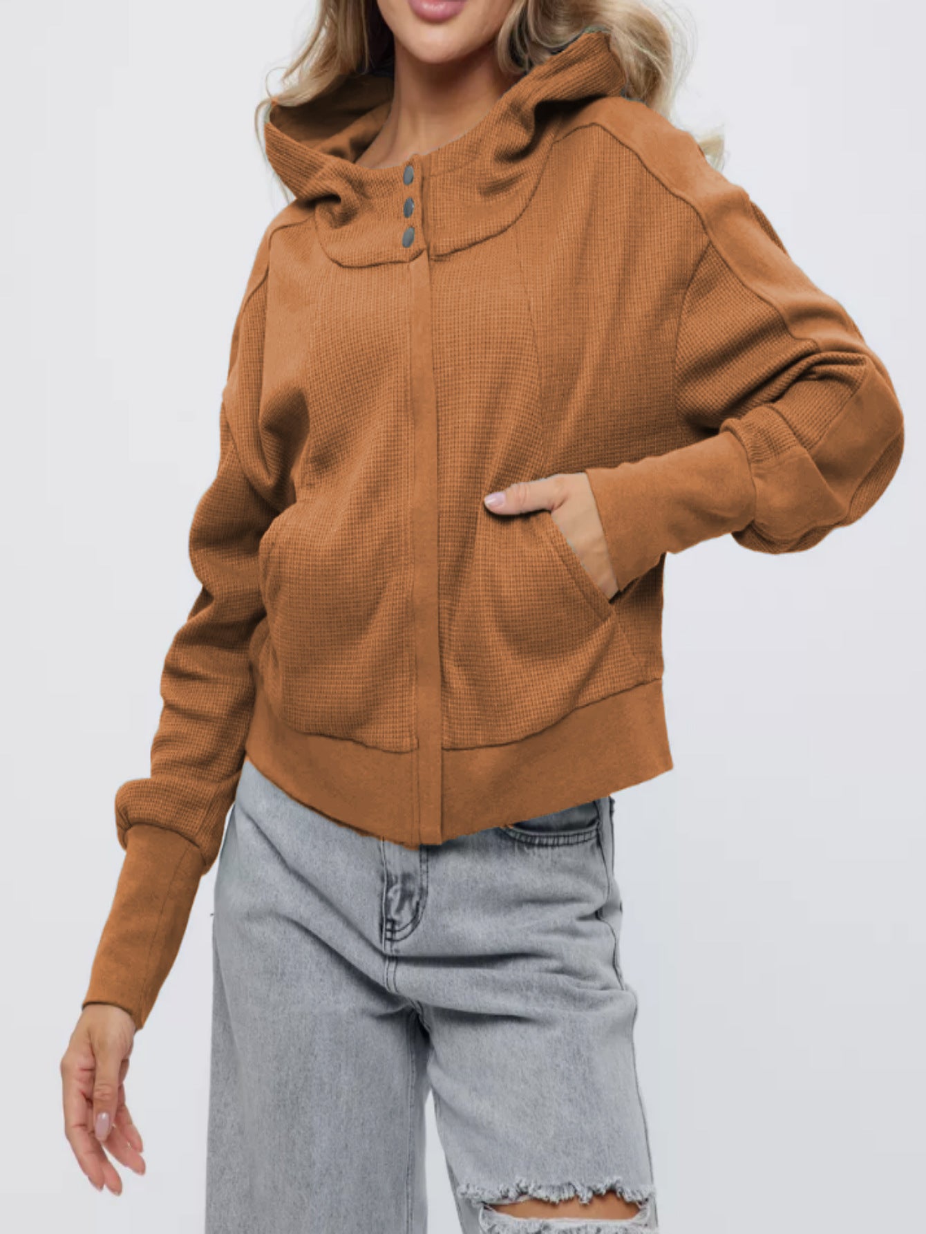 Women's Oversized Waffle Knit Zip Up Hoodie