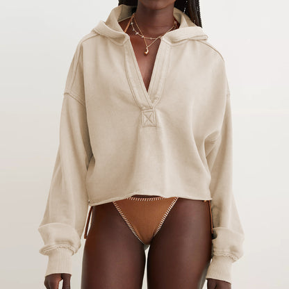 Women's Oversized Cropped Hoodie V-Neck Pullover