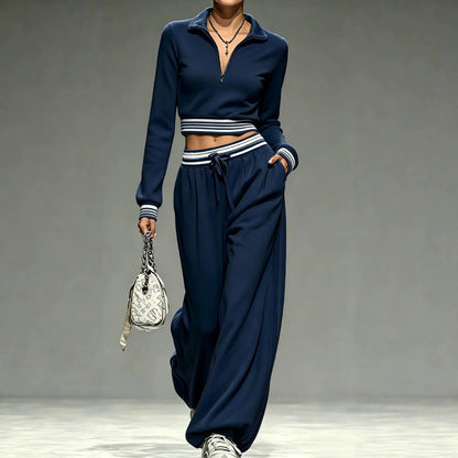 Women Two Piece Sweatsuit Crop Top Wide Leg Sweatpants Set