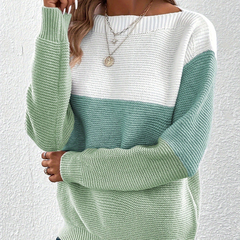 Women's Color Block Crew Neck Knit Pullover Sweater