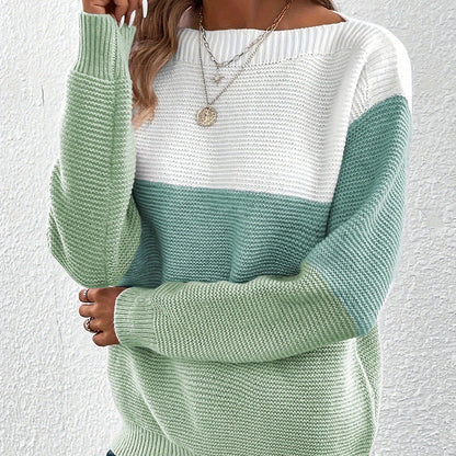Women's Color Block Crew Neck Knit Pullover Sweater