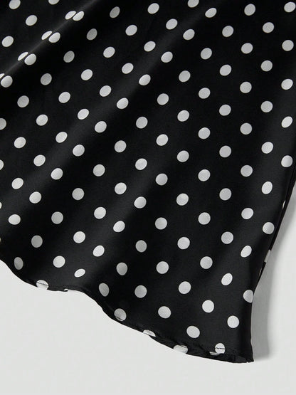 Polka Dot Satin A-Line Skirt Trendy Zip Midi Dress