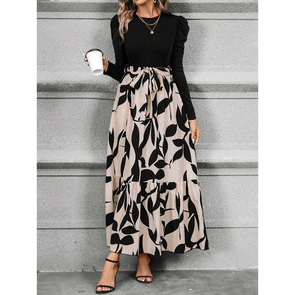 Women's Floral Tiered Maxi Dress Long Sleeve Belted Casual