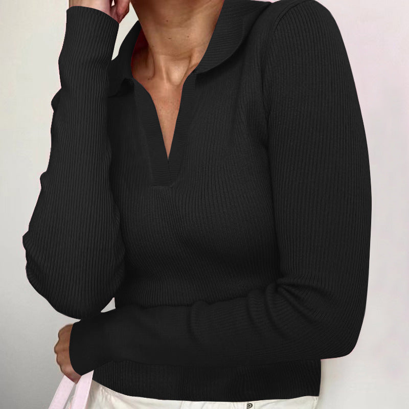 Women's Ribbed Collared V-Neck Long Sleeve Fitted Top