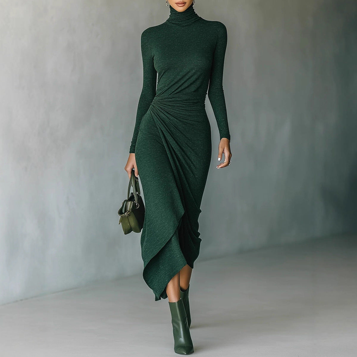 Turtleneck Ruched Long Sleeve Asymmetrical Midi Dress