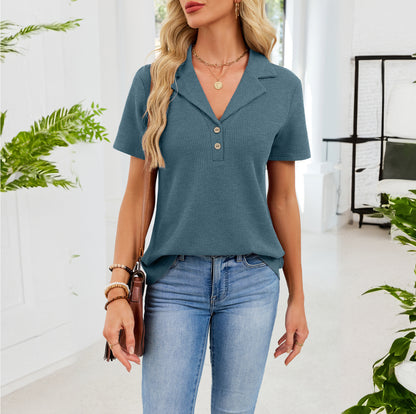 Waffle Knit Polo Top Short Sleeve Casual V-Neck Shirt