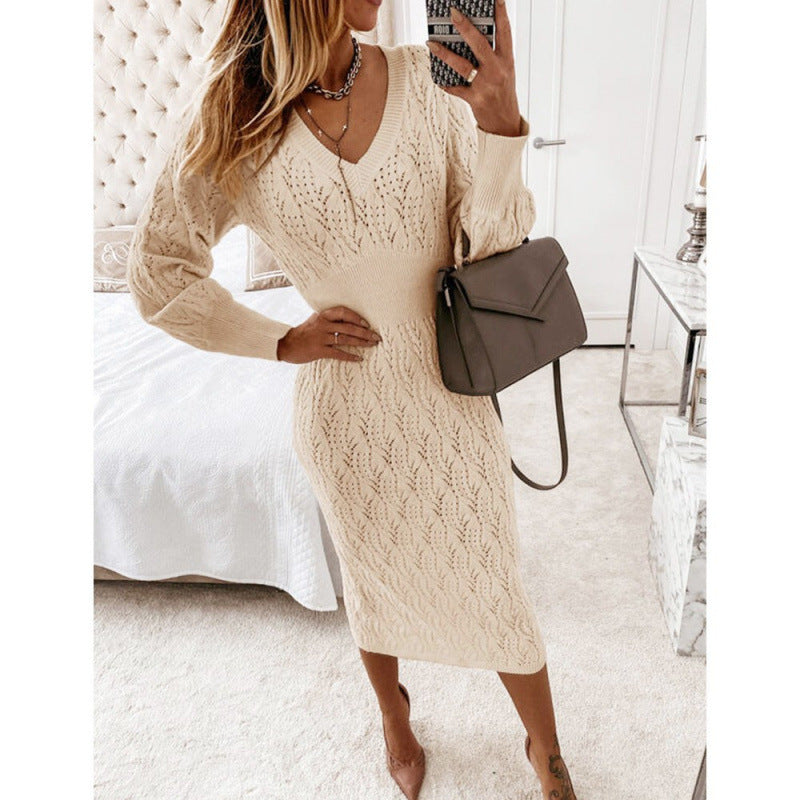Women V-Neck Long Sleeve Knit Sweater Dress Bodycon Midi