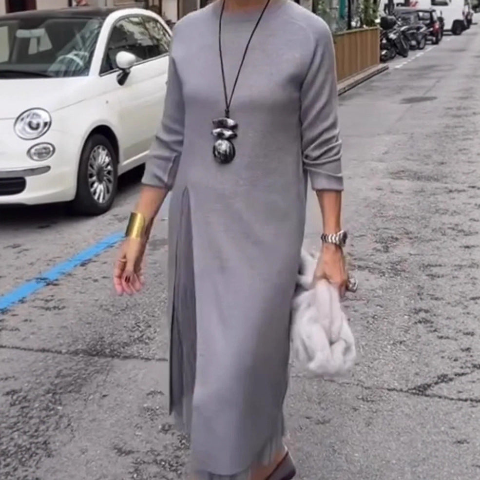 Women's Long Sleeve Sweater Dress Mesh Slit Maxi