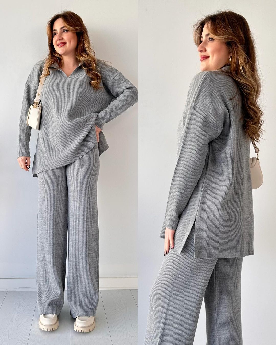 Ribbed Knit Side Slit Lounge Set Wide Leg Pants