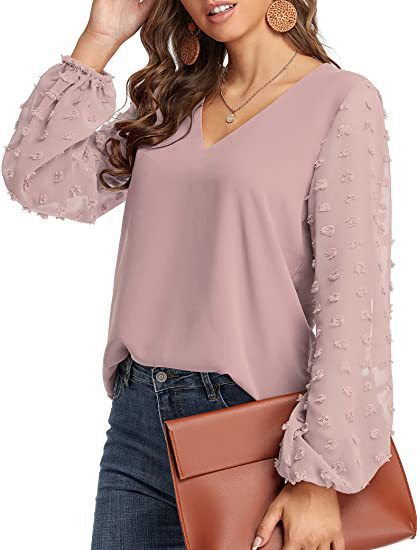 Women's V-Neck Chiffon Blouse Textured Puff Sleeve Top