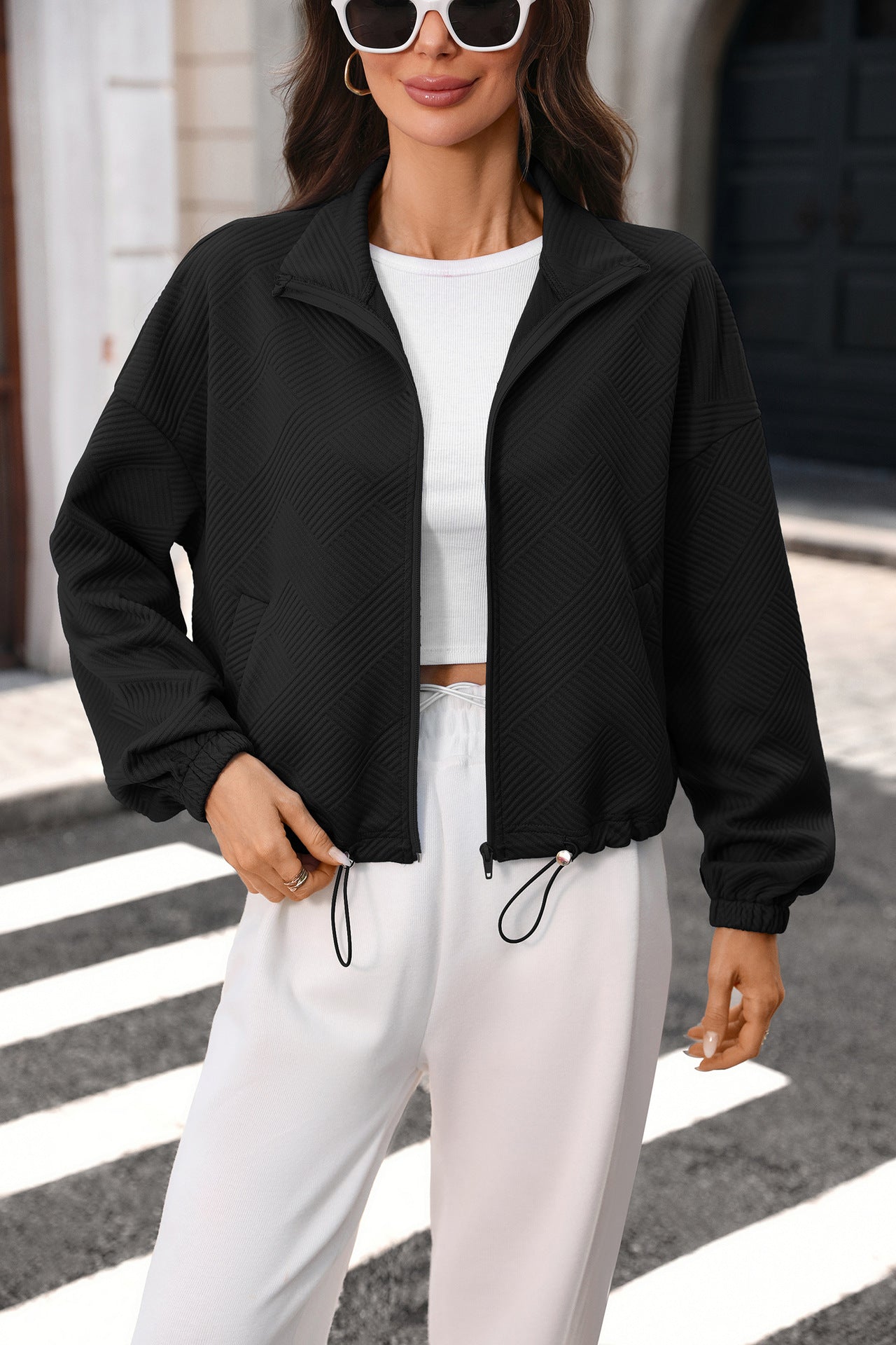Quilted Zip Sweatshirt Drawstring Cropped Jacket