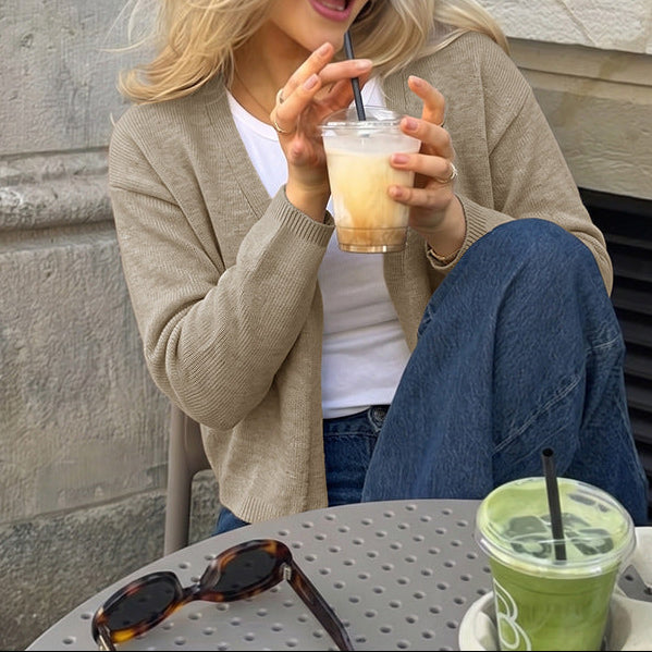 Women's Loose V-Neck Cropped Cardigan Open Front Knit Top