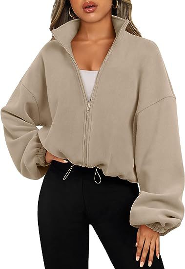 Womens Oversized Fleece Zip Up Jacket Stand Collar Cropped