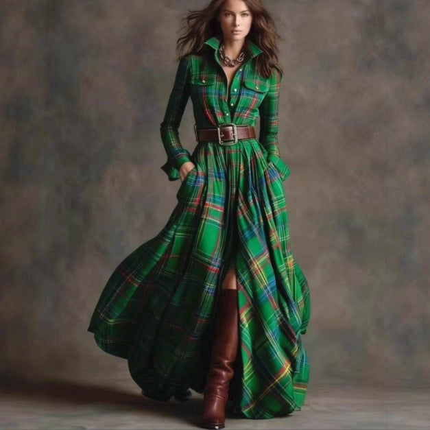 Plaid Belted Maxi Shirt Dress Long Sleeve Vintage