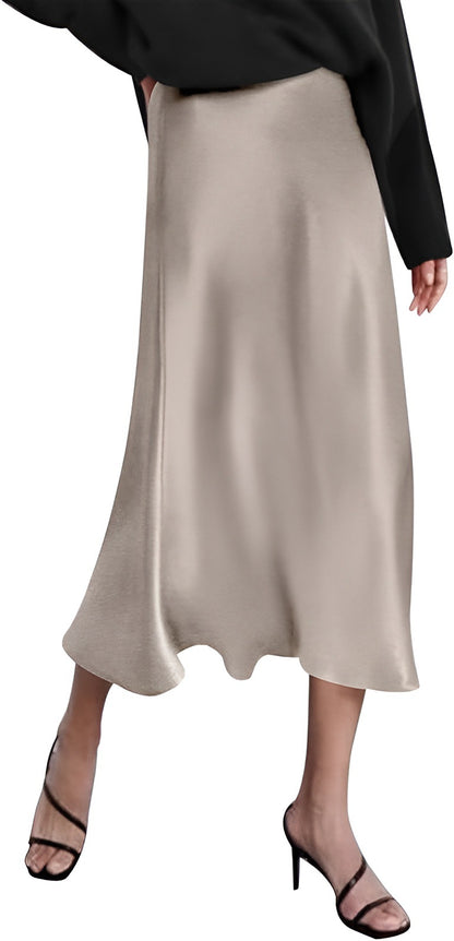 Satin Mermaid Midi Skirt High Waist Stretch Flared