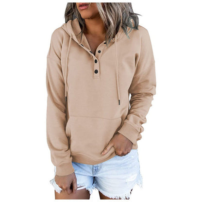 Women's Henley Hoodie Button Drawstring Pocket Pullover