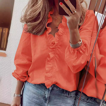 Women's Ruffle V Neck Blouse Balloon Sleeve Casual Top
