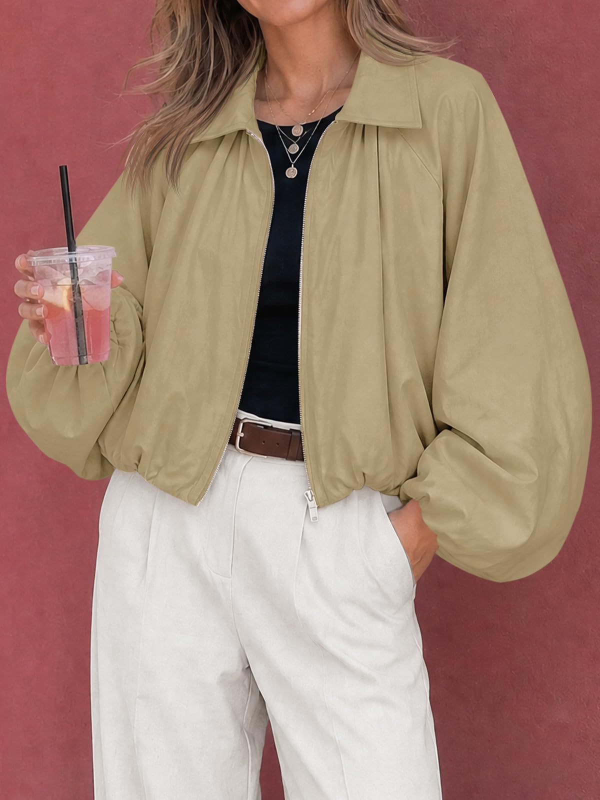 Women's Oversized Zip Up Cropped Jacket Puff Sleeve
