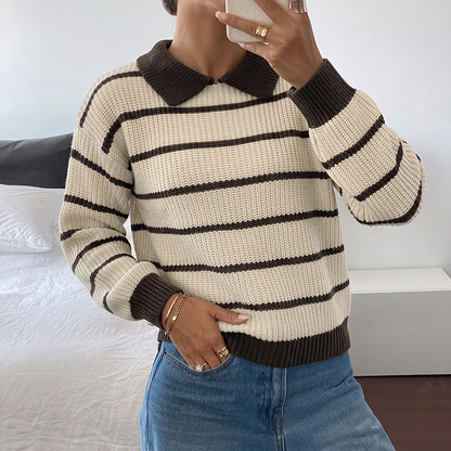 Striped Polo Sweater Contrast Trim Relaxed Fit