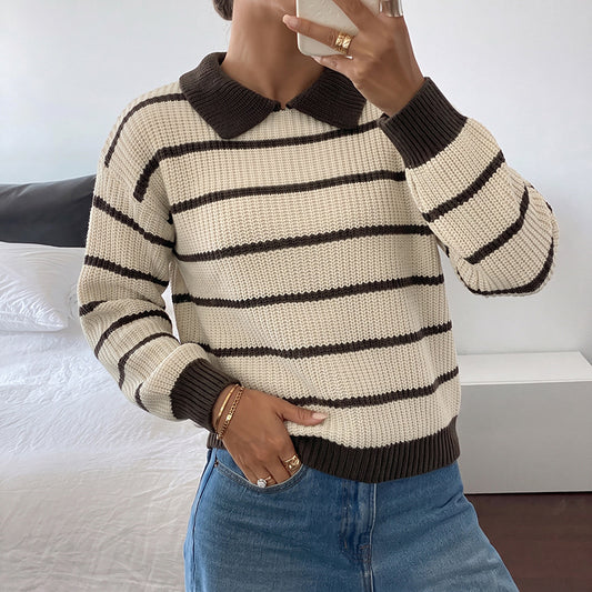 Striped Polo Sweater Contrast Trim Relaxed Fit