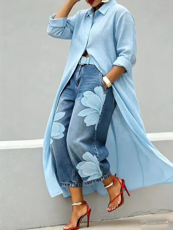 Women's Floral Denim Wide Leg Pants