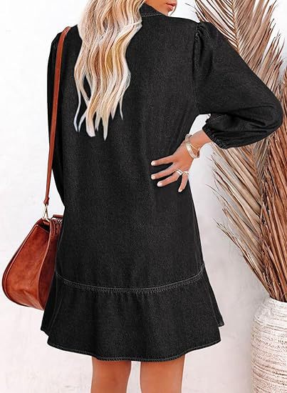 Women's V-Neck Denim Dress Puff Sleeve Tiered Jean Dress