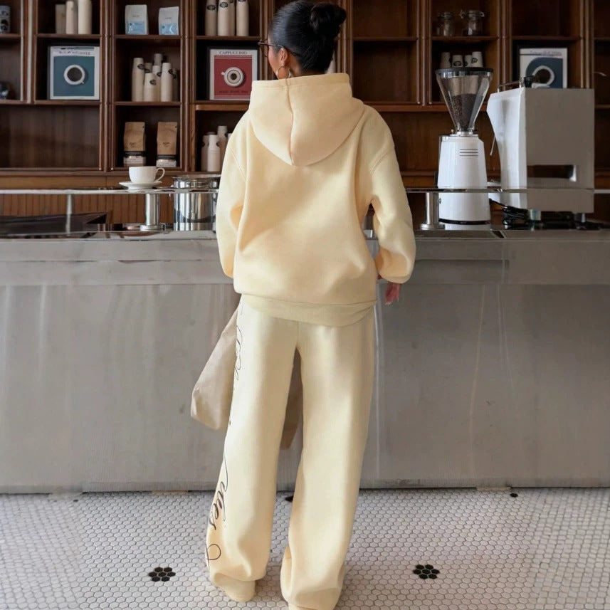 Embroidered Hoodie Lounge Set Wide Leg Sweatpants