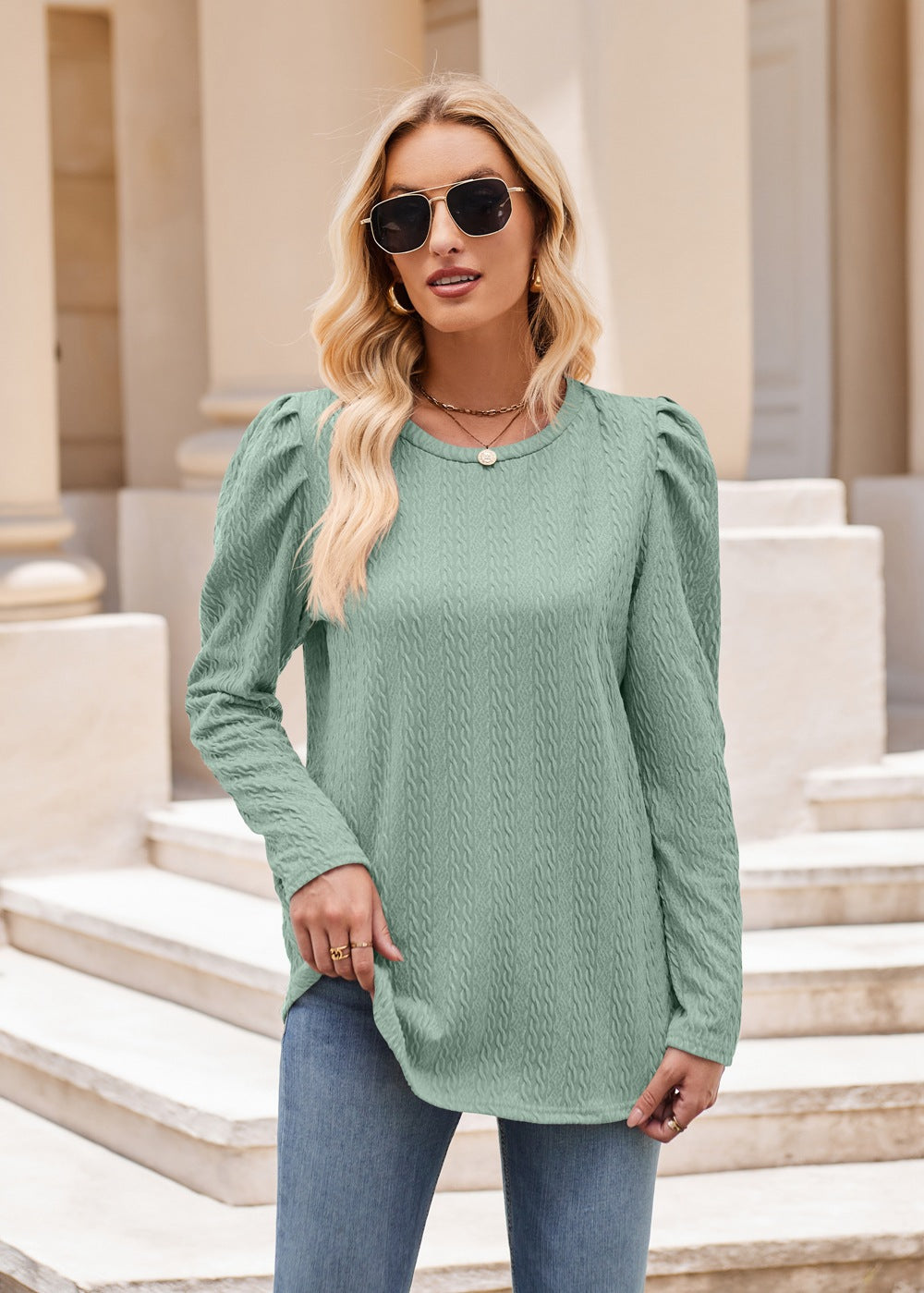 Burgundy Textured Knit Puff Sleeve Long Sleeve Top