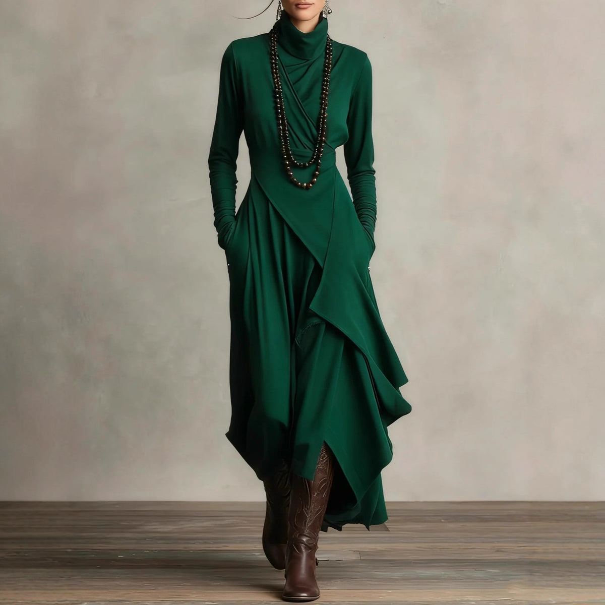 Women's Turtleneck Long Sleeve Asymmetric Midi Dress