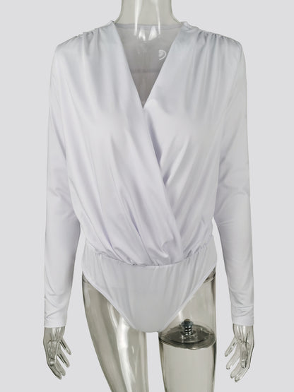 Sexy Deep V Neck Long Sleeve Ruched Bodysuit