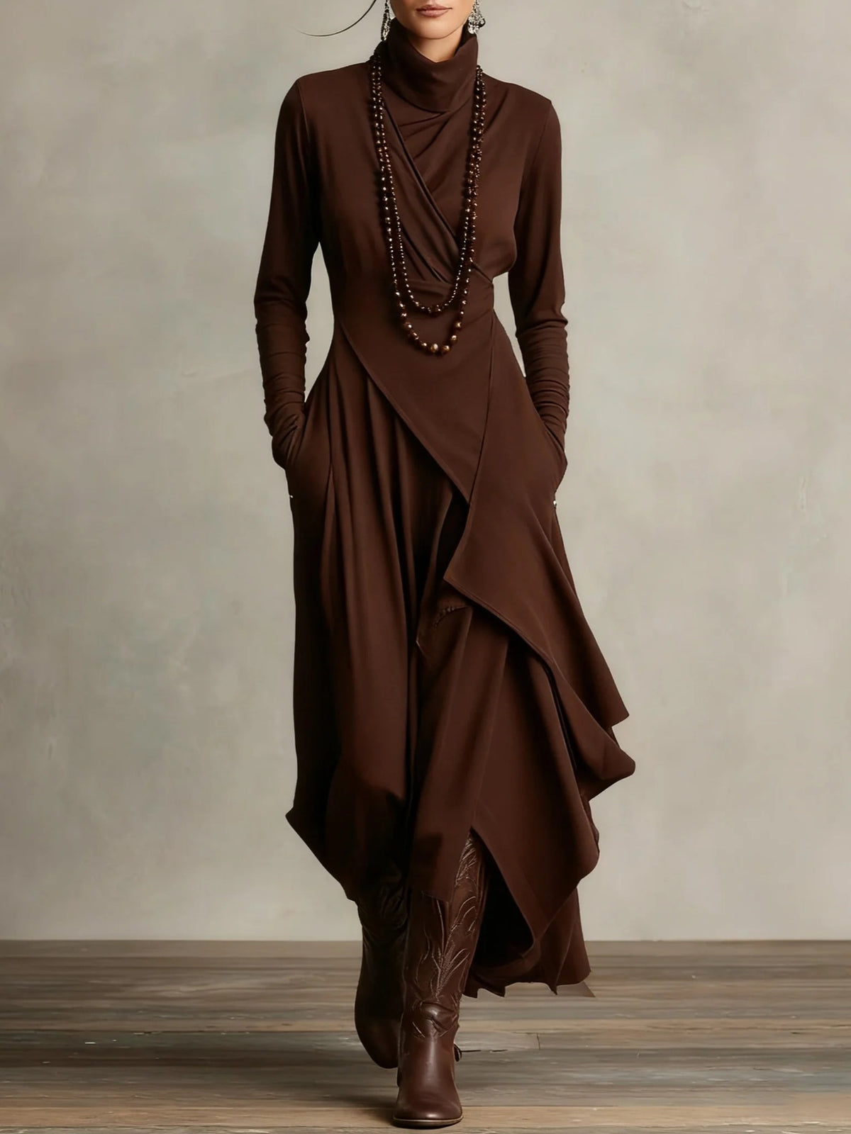 Women's Turtleneck Long Sleeve Asymmetric Midi Dress
