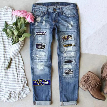 Ripped Game Day Straight Leg Printed Denim Jeans