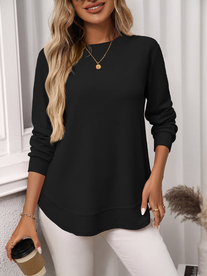Solid waffle knit tunic top layered curved hem