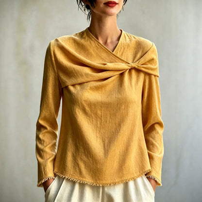 Women's Cotton Linen Cowl Neck Long Sleeve Blouse