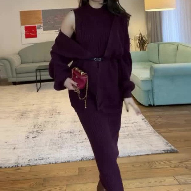 Women's Ribbed Maxi Dress and Cardigan Matching Set
