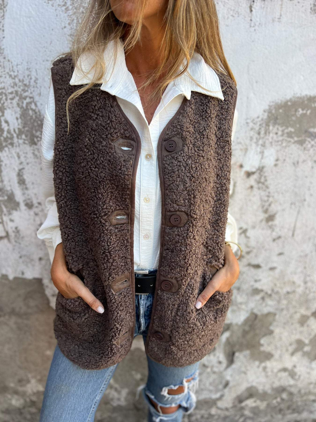 Women's Sherpa Fleece Button Down V Neck Vest