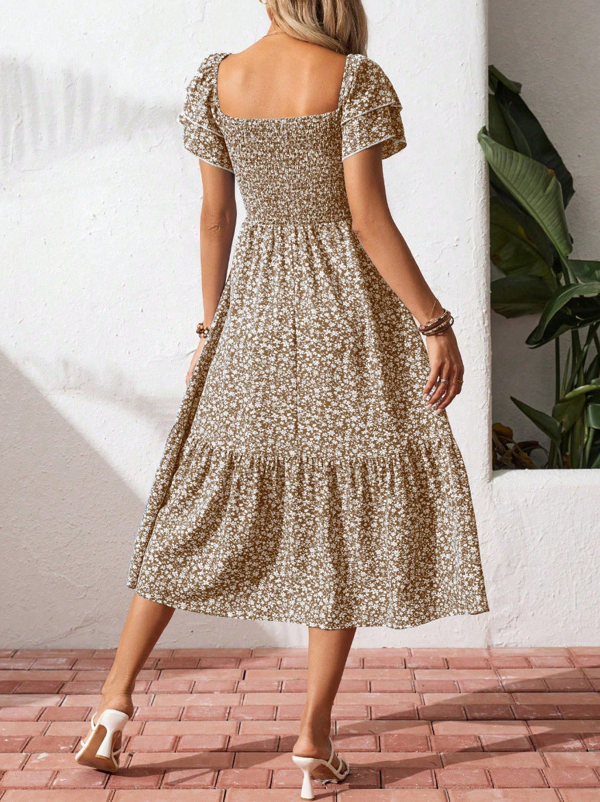 Floral Smocked Square Neck Midi Dress Ruffle Sleeve