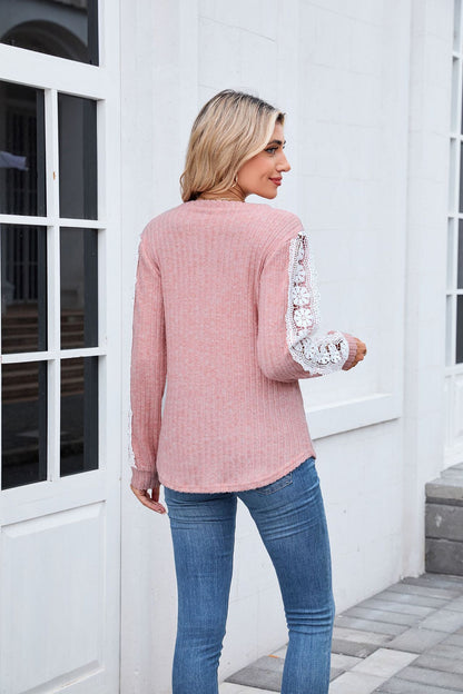 Women's V Neck Lace Long Sleeve Tunic Top